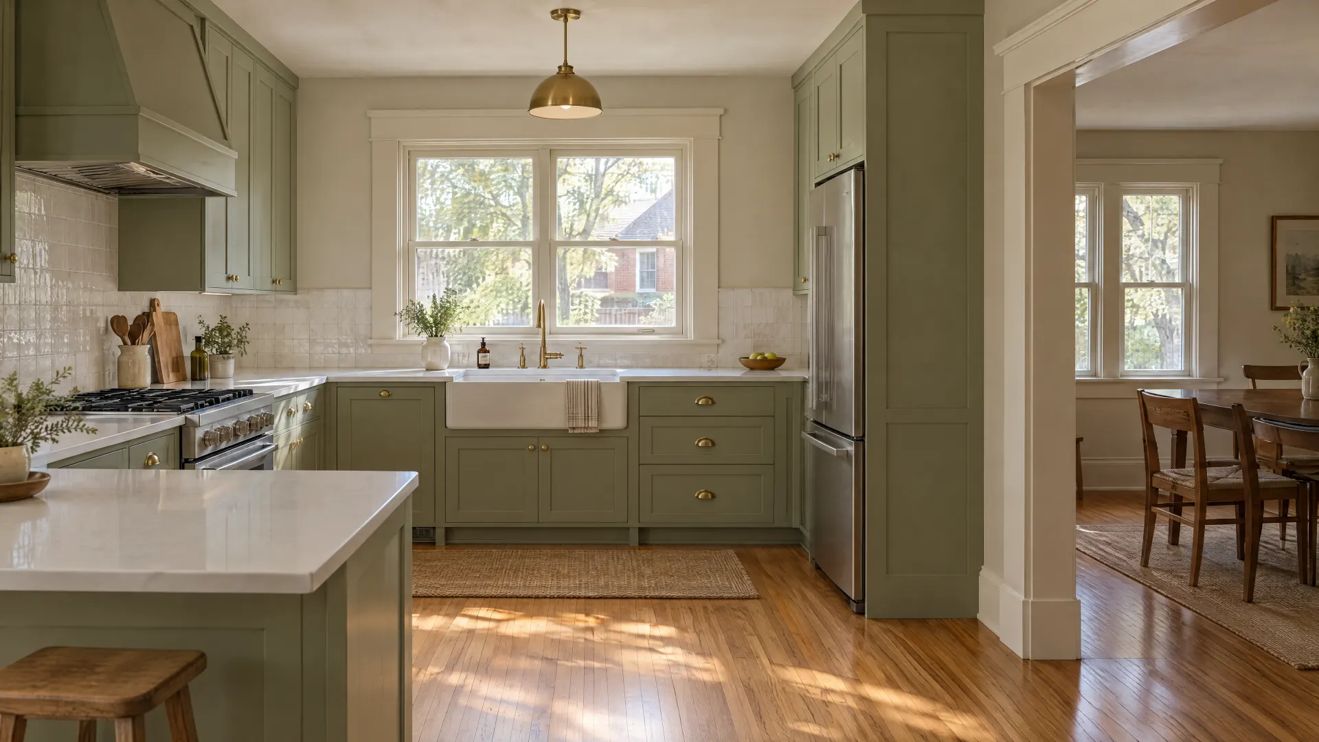 Illustration of a remodeled kitchen in an early 1900s brick bungalow, with sage green cabinets and the original window trim kept