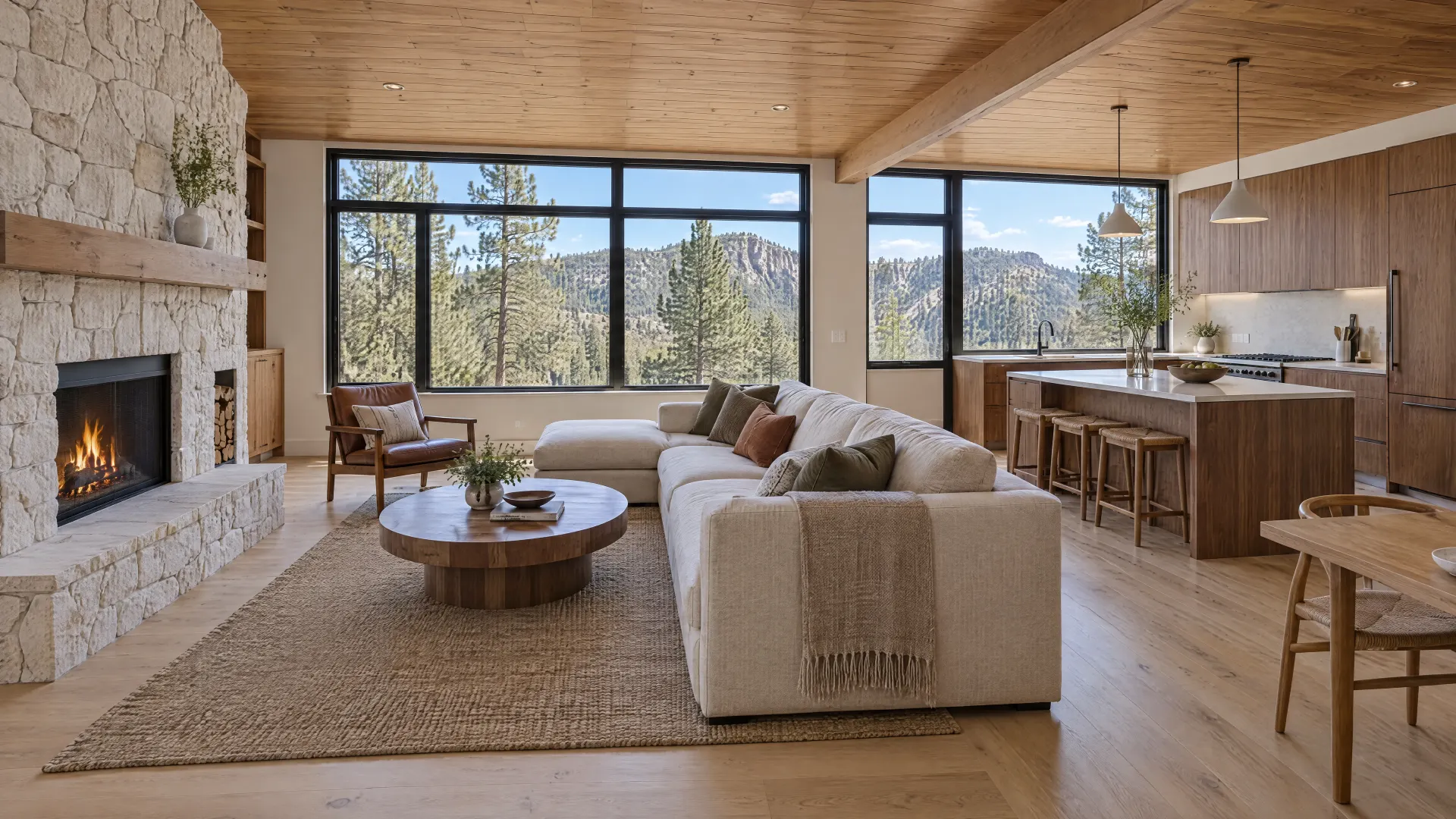 Illustration of a remodeled foothills living room and kitchen with large windows facing ponderosa pines