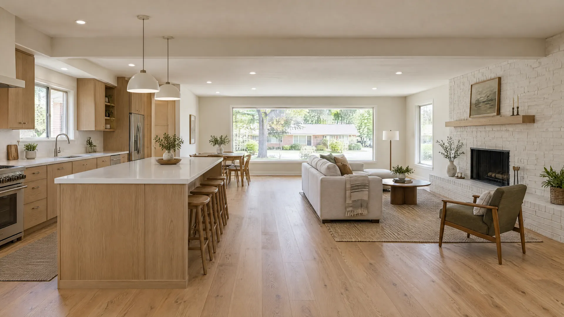 Illustration of a 1950s brick ranch house opened into one room, with a new island and a painted brick fireplace
