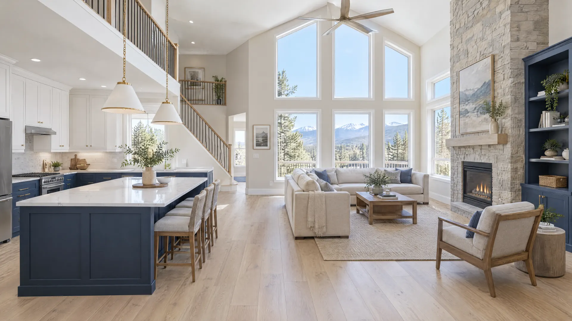 Illustration of a remodeled kitchen and two-story great room in a 1990s suburban house