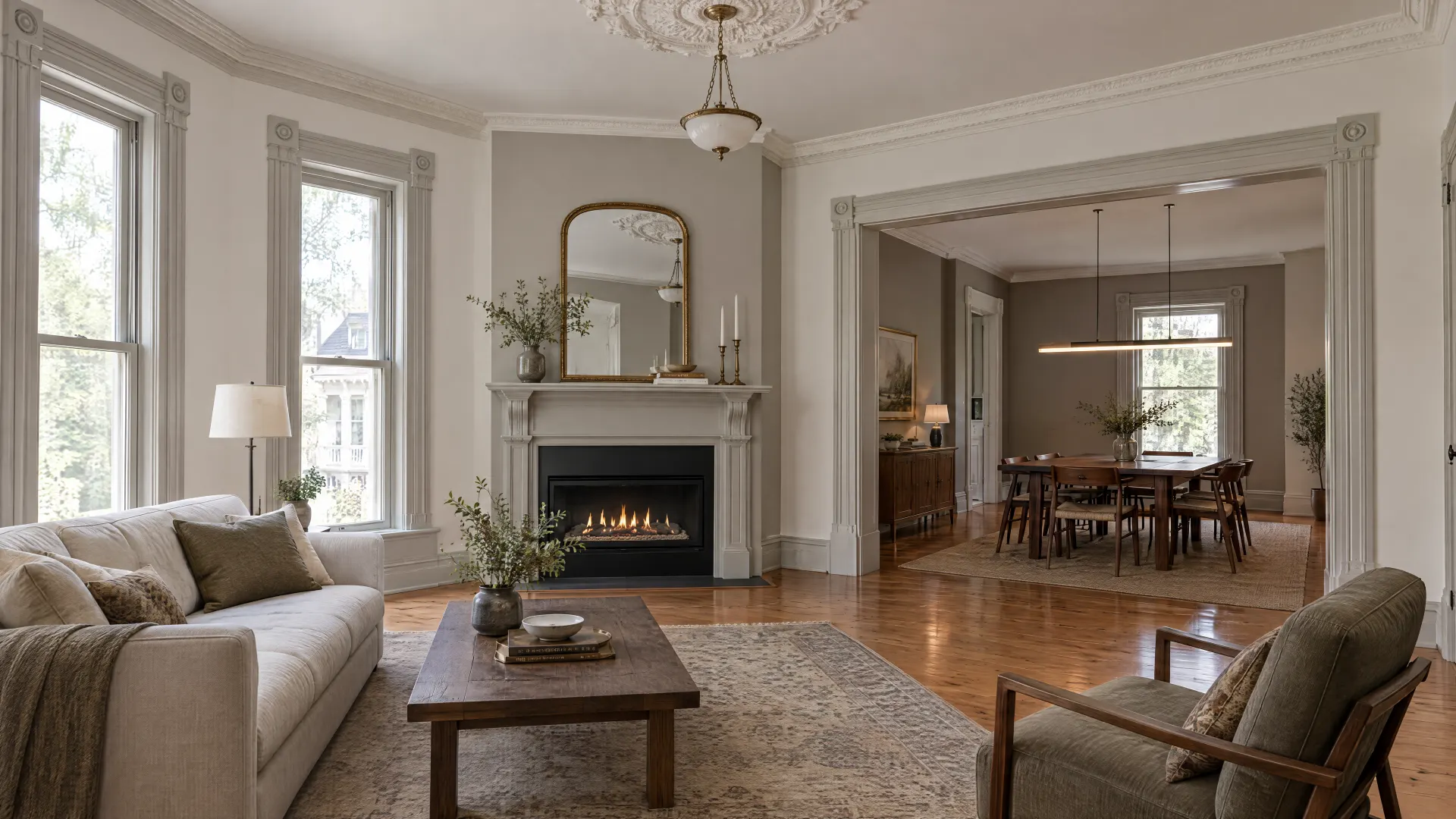 Illustration of a remodeled living room in a late 1800s Victorian house, with tall original windows and a new fireplace