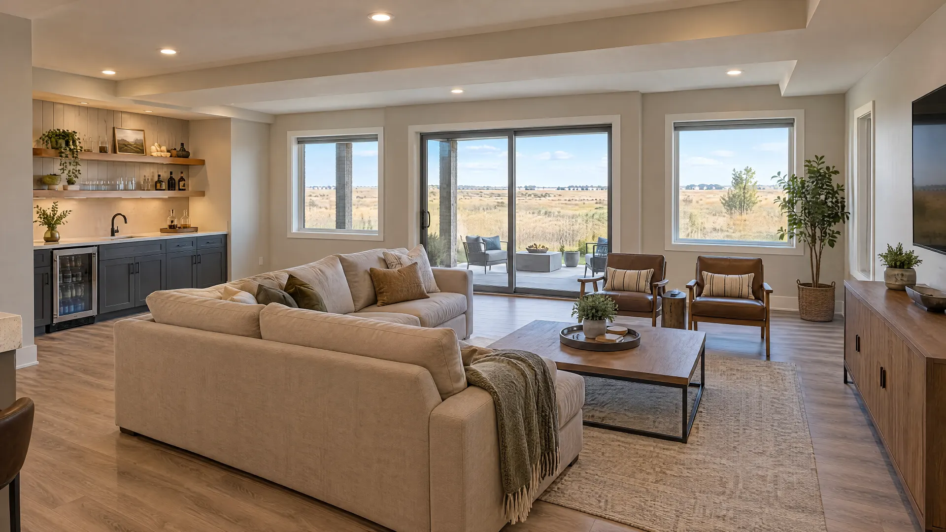 Illustration of a finished walkout basement family room with a wet bar and a sliding door to the patio