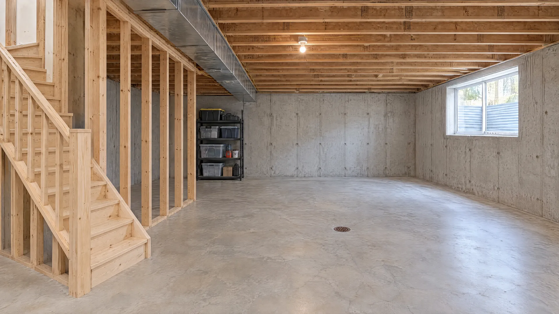 Illustration of an unfinished basement with bare concrete walls, exposed joists and a concrete slab