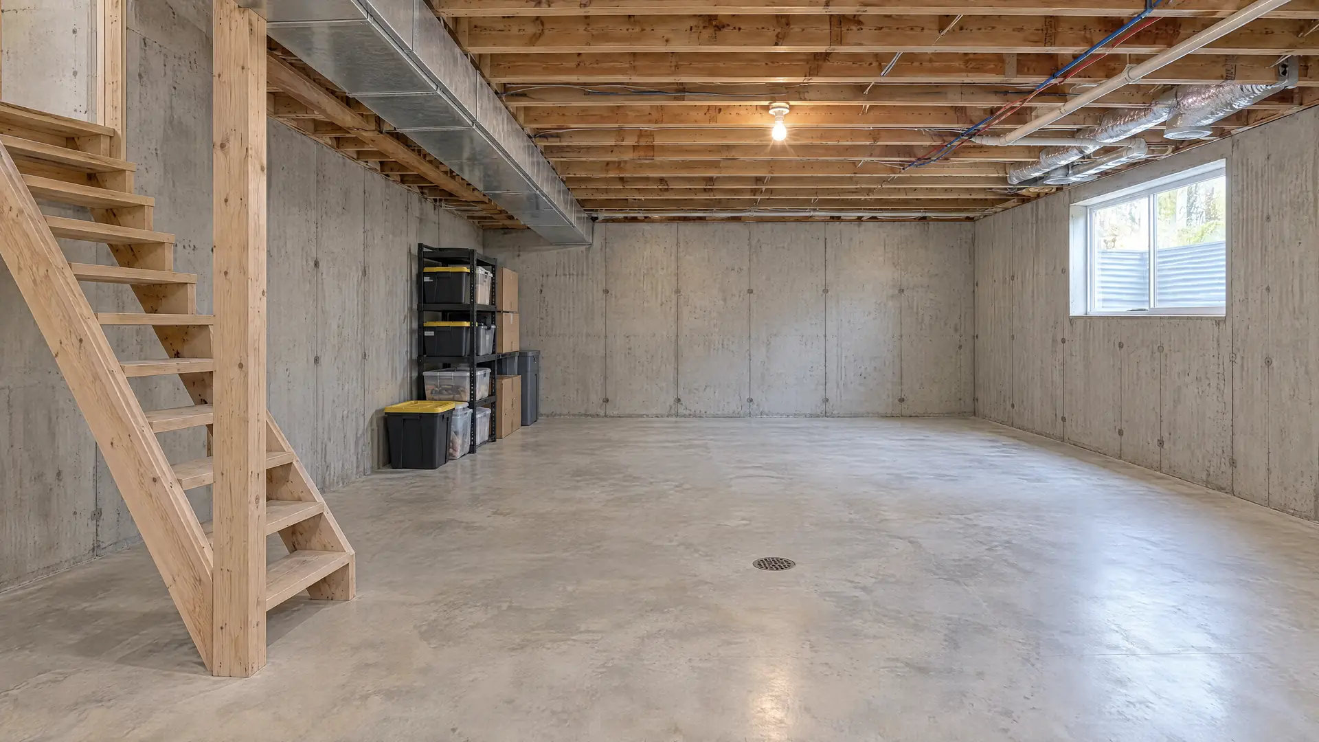Illustration of an unfinished basement with bare concrete walls, exposed joists and a concrete slab