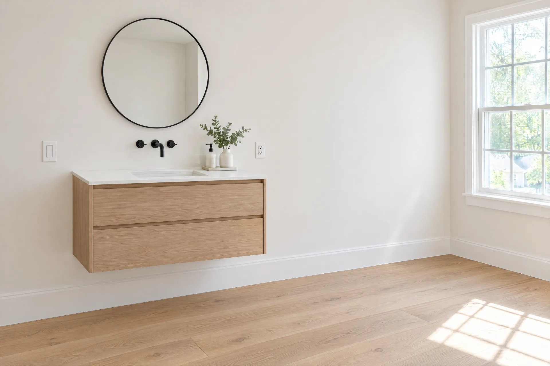 Illustration of a finished bathroom wall with a floating oak vanity, round mirror and wide-plank floor