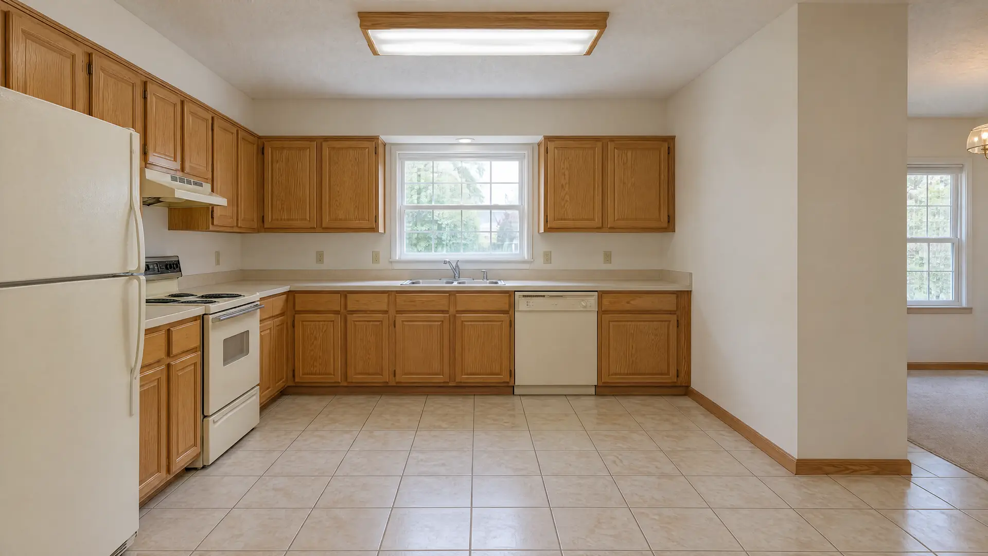 Illustration of a dated kitchen before remodeling, with oak cabinets, laminate counters and almond appliances