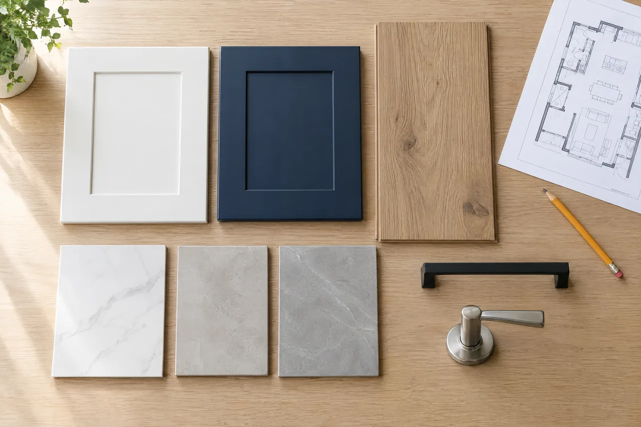 Illustration of cabinet door, flooring and tile samples laid out beside a floor plan