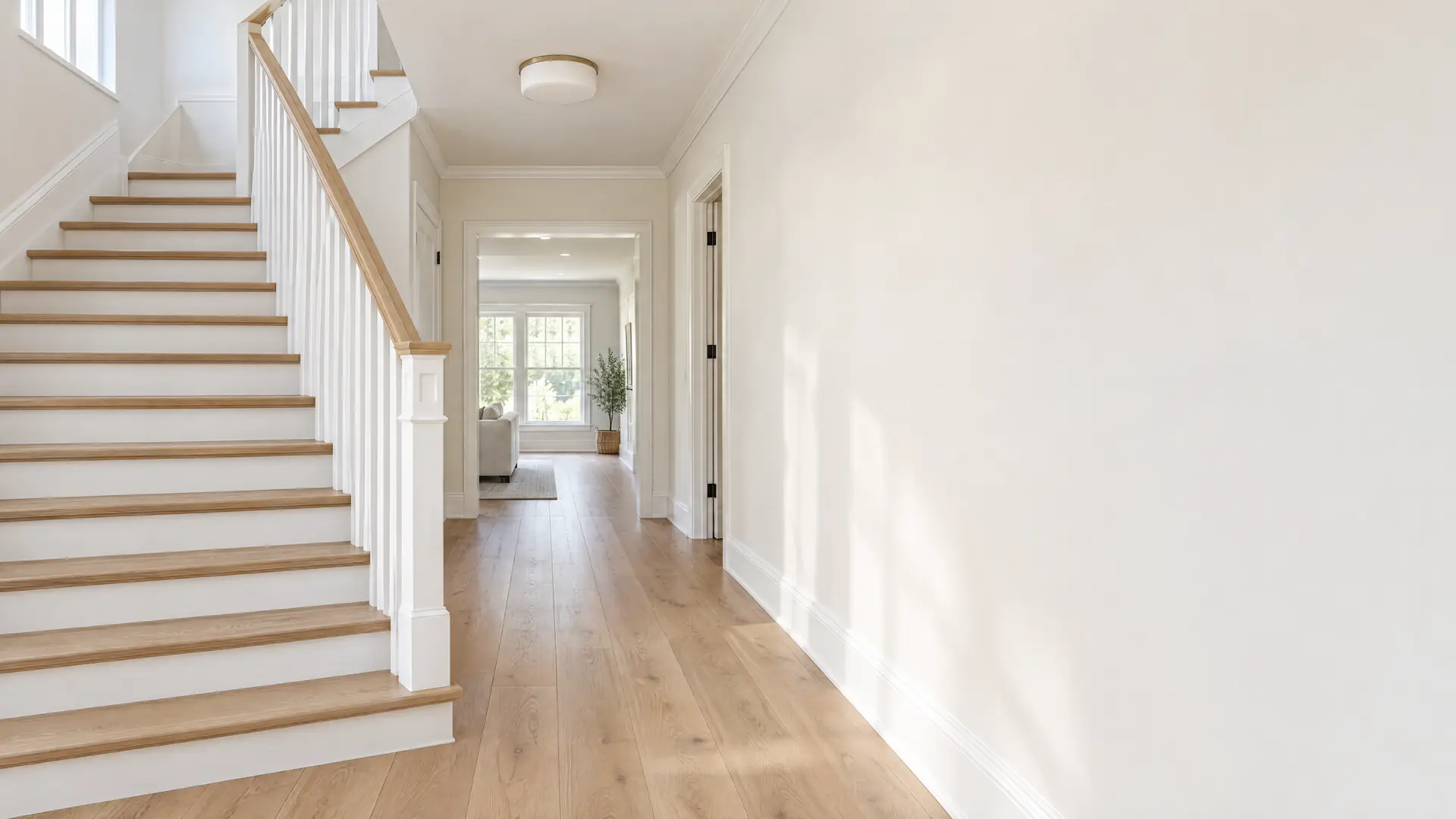 Illustration of the same entry hall refreshed, with oak flooring, white trim and doors, a new rail and a new light