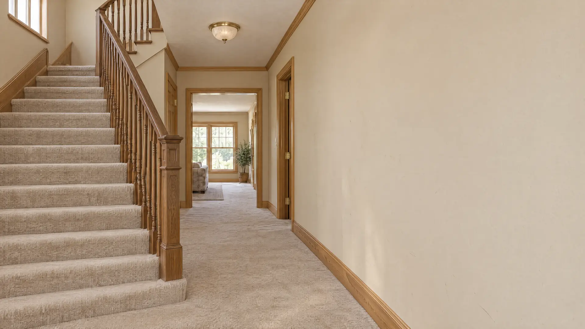 Illustration of a dated entry hall with carpeted stairs, a dark oak rail, honey oak trim and a brass ceiling light